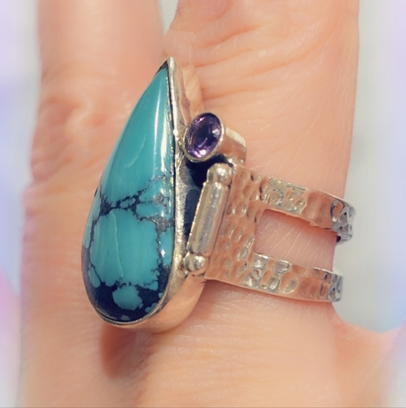 Turquoise & Amethyst Sterling Silver Gemstone Ring